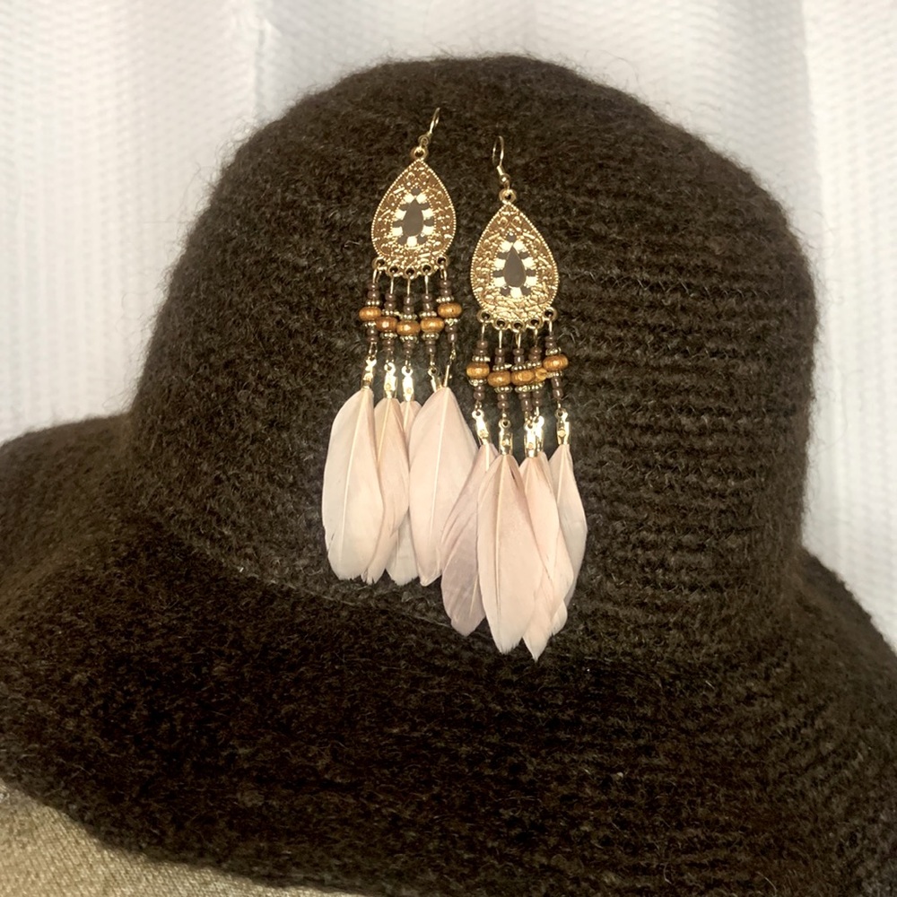 Brown Feather and Bead Earrings - Picture 4 of 7